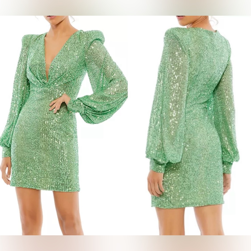 Mac Duggal Sequin Strong Shoulder Sequin Green Long Sleeve Mini Dress Sz 6